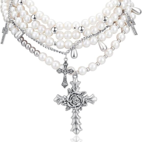 Layered Pearl Necklace Statement Gothic Pearl Cross Necklace Chunky Stacked Rhin - Picture 1 of 5
